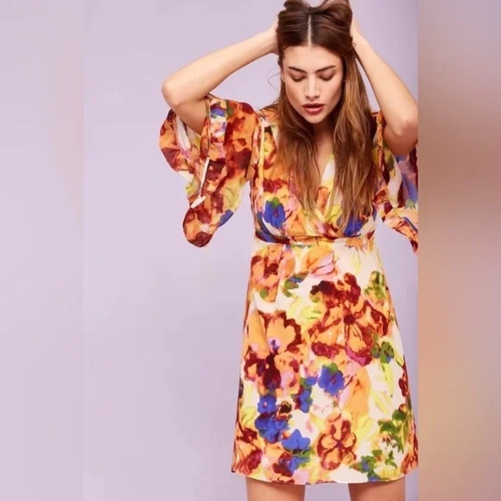 Anthropologie Maeve Jaida 100% Silk Kimono Dress in a watercolor floral motif
